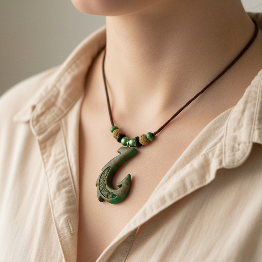 camo polynesian fish hook Hawaiian Hook Necklace (Camo Green and Orange)