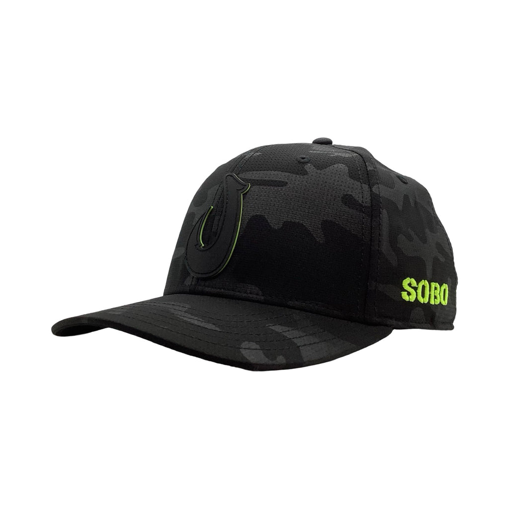Black camouflage baseball cap with a neon yellow-green SOBO logo on the side and a matching embroidered hook logo on the front, shown on a plain white background.