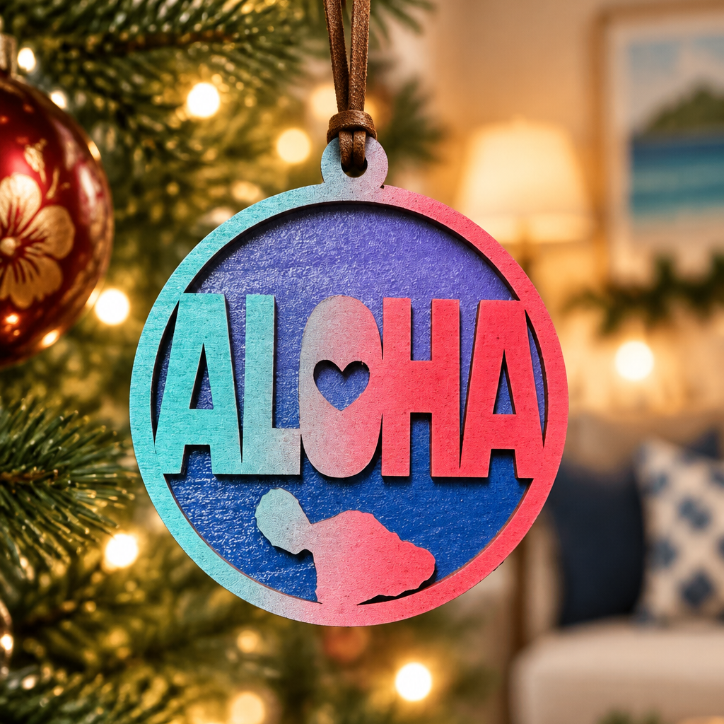 A round wooden 'ALOHA' Christmas ornament with a heart-shaped cutout in the center and a silhouette of a hula dancer at the bottom, hanging from a tree with warm holiday lights in the background.