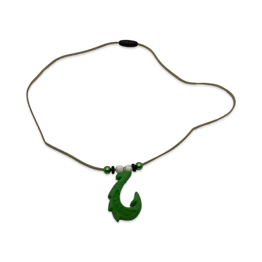 Necklace with a green fish hook pendant on a white background