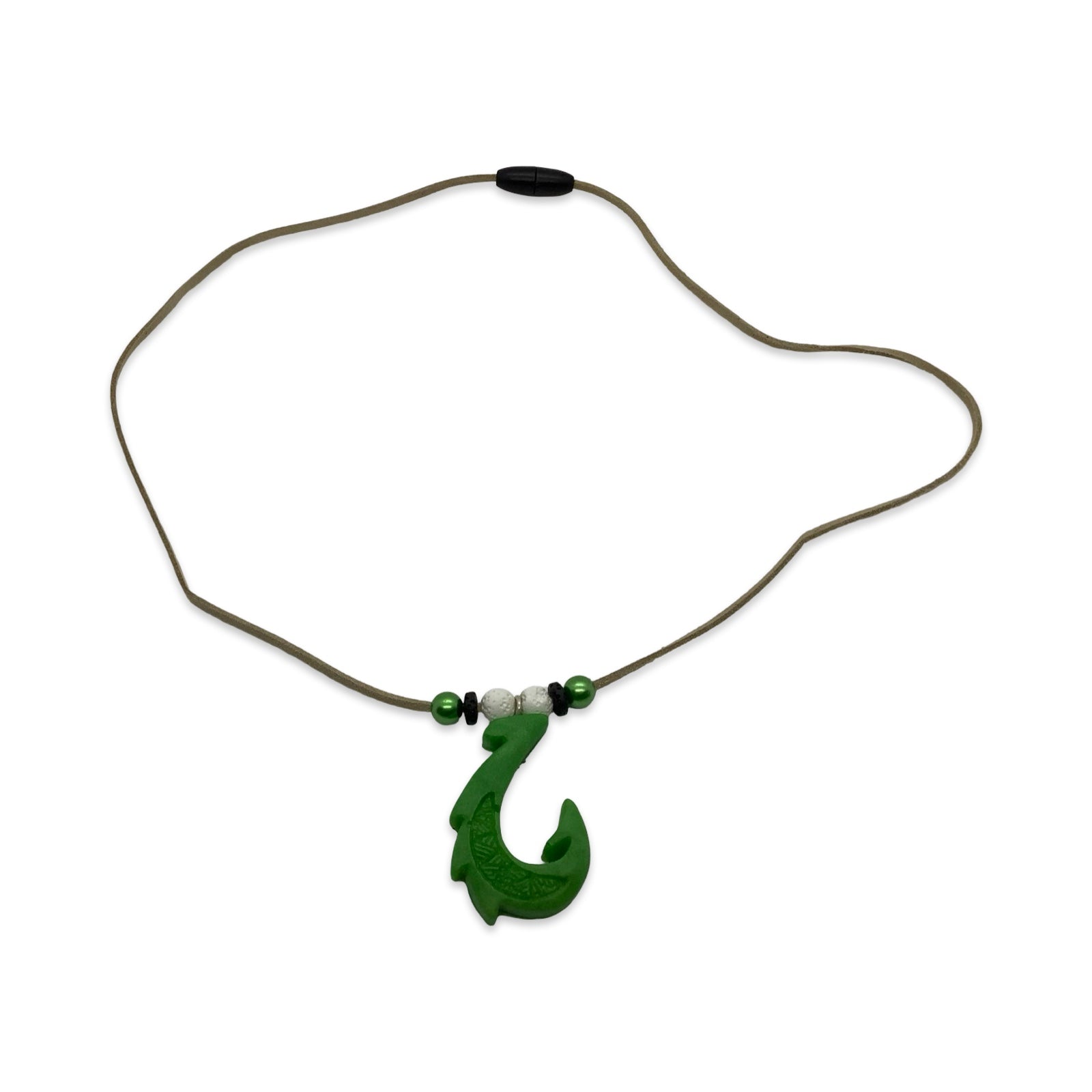 Necklace with a green fish hook pendant on a white background
