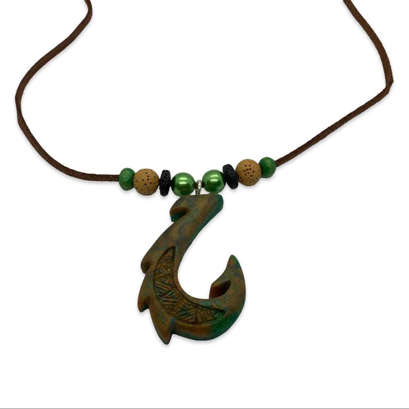 Necklace with a fish hook pendant and beads on a white background