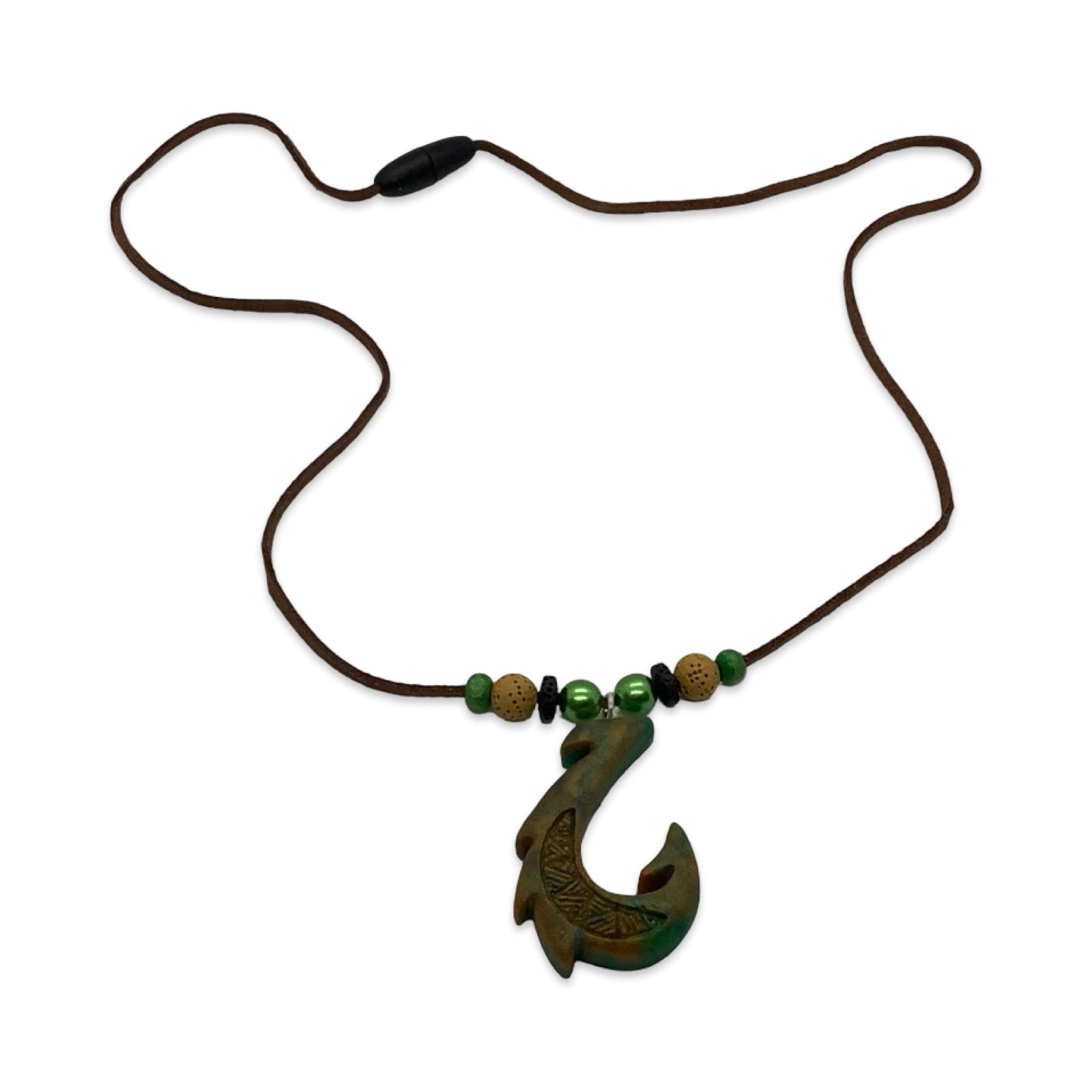 Necklace with a green hook pendant on a white background