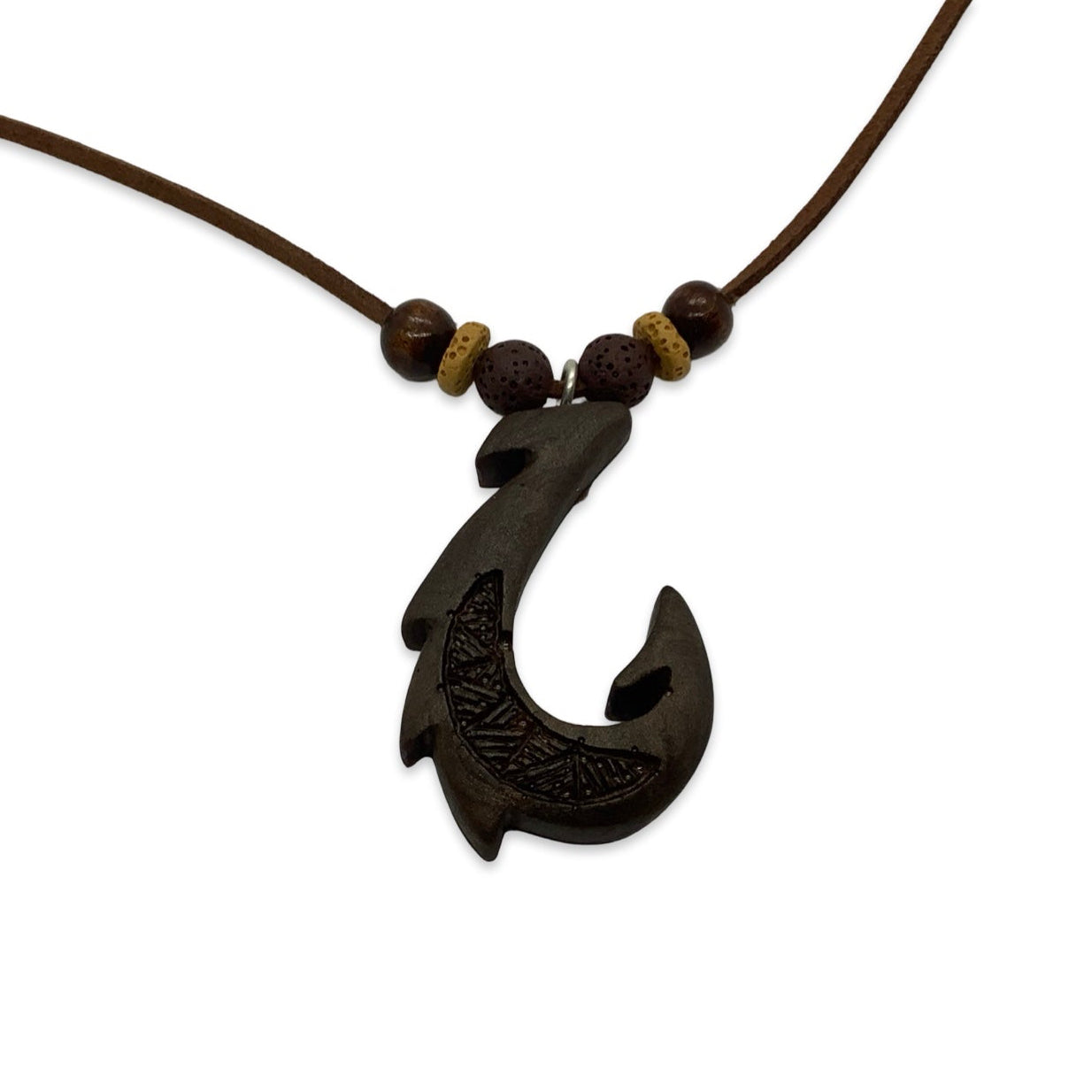 Chocolate brown fish hook pendant on a brown cord against a white background