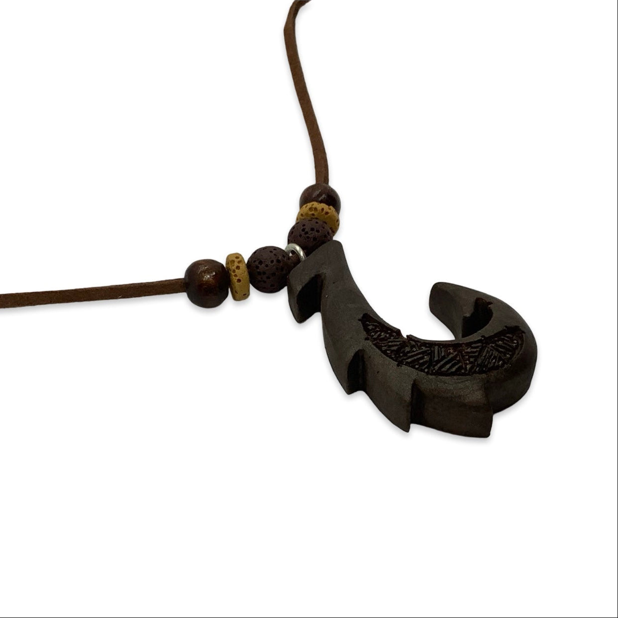 Black fish hook pendant on a brown cord with beads against a white background