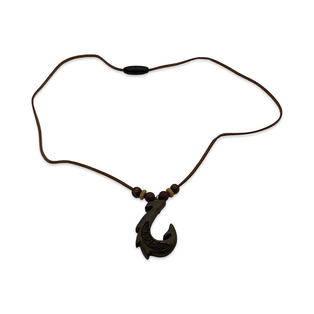 Chocolate brown fish hook pendant on a cord against a white background