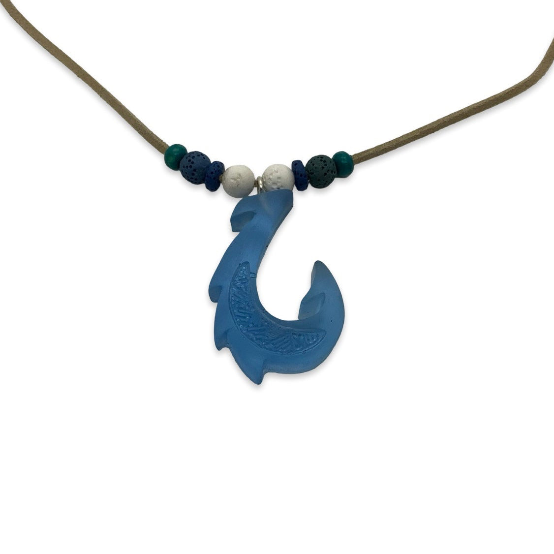 Necklace with a blue fish-shaped pendant on a white background
