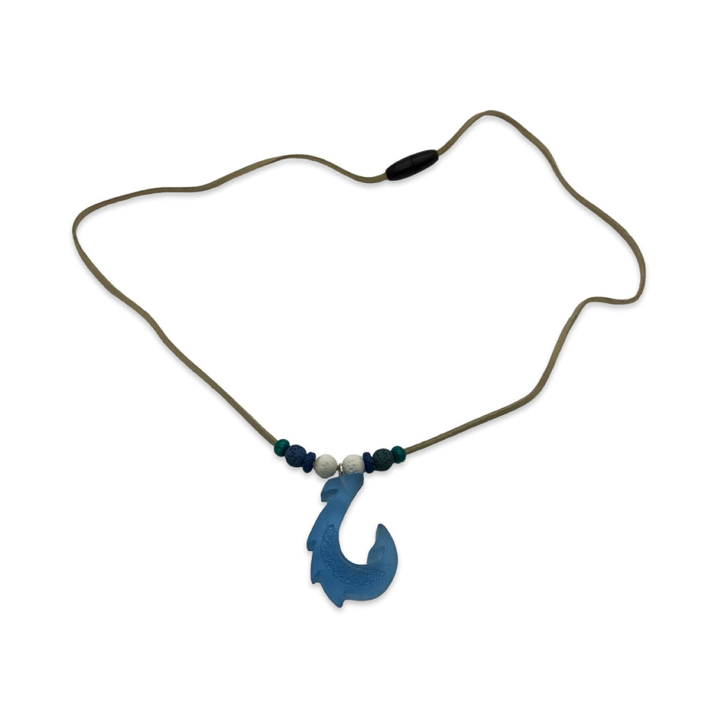 Necklace with a blue fish hook pendant on a white background