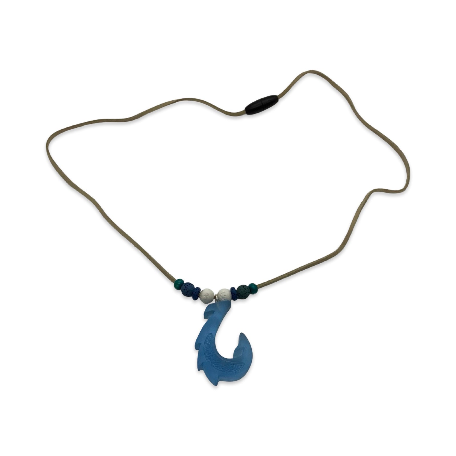Necklace with a blue fish hook pendant on a white background