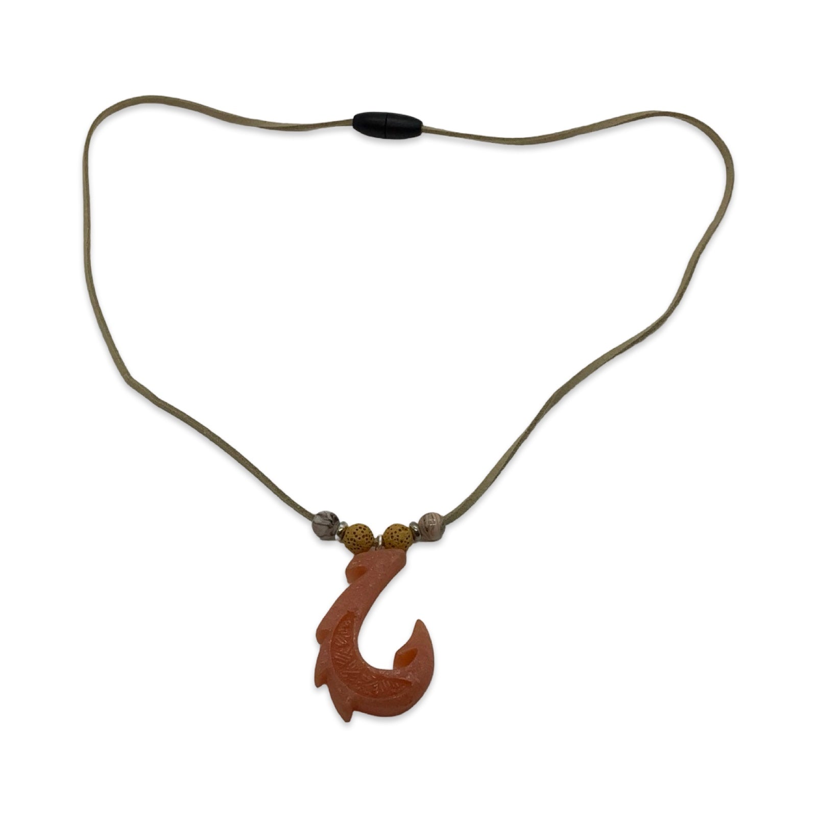 Necklace with a resin fish hook pendant on a white background