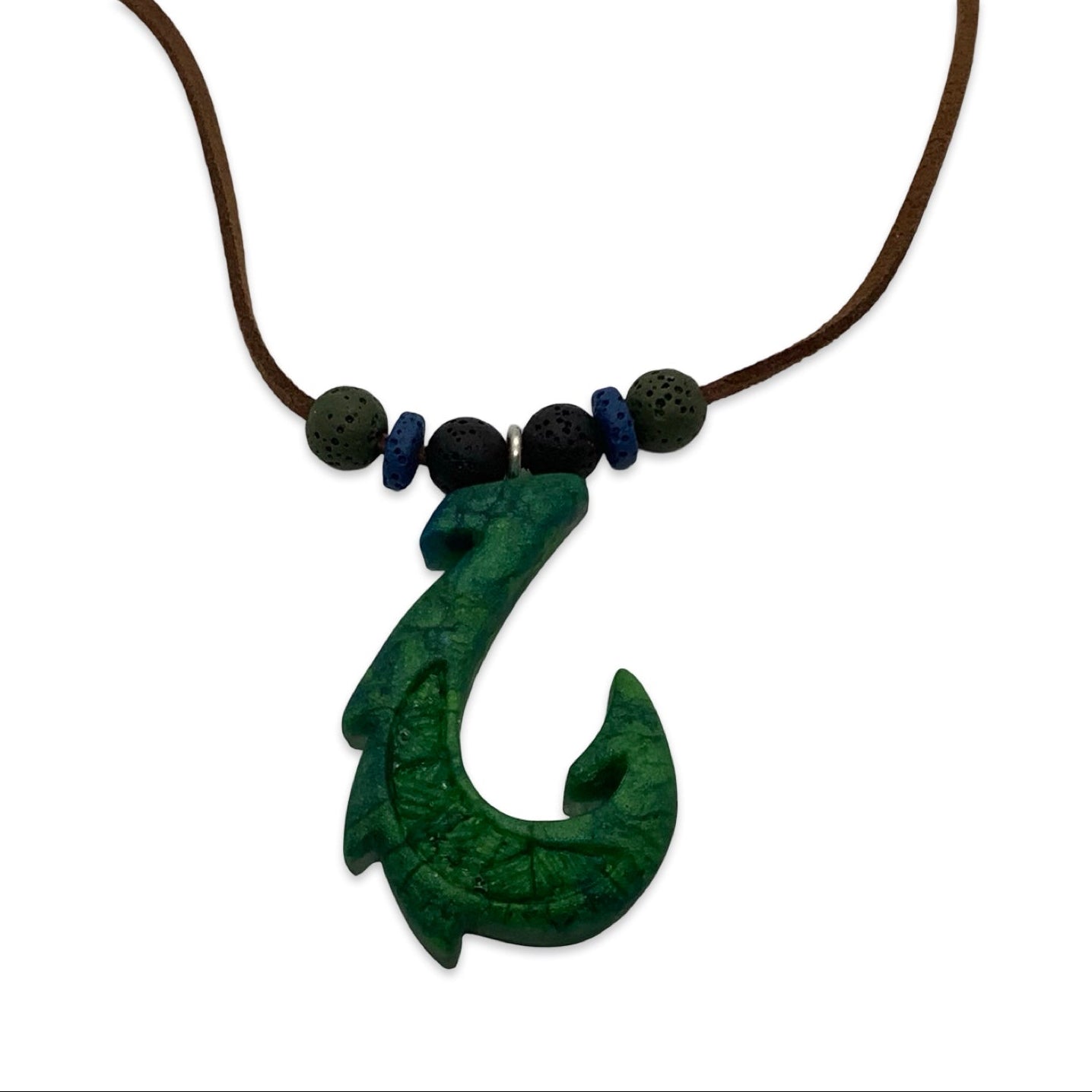 Necklace with a green fish hook pendant on a white background