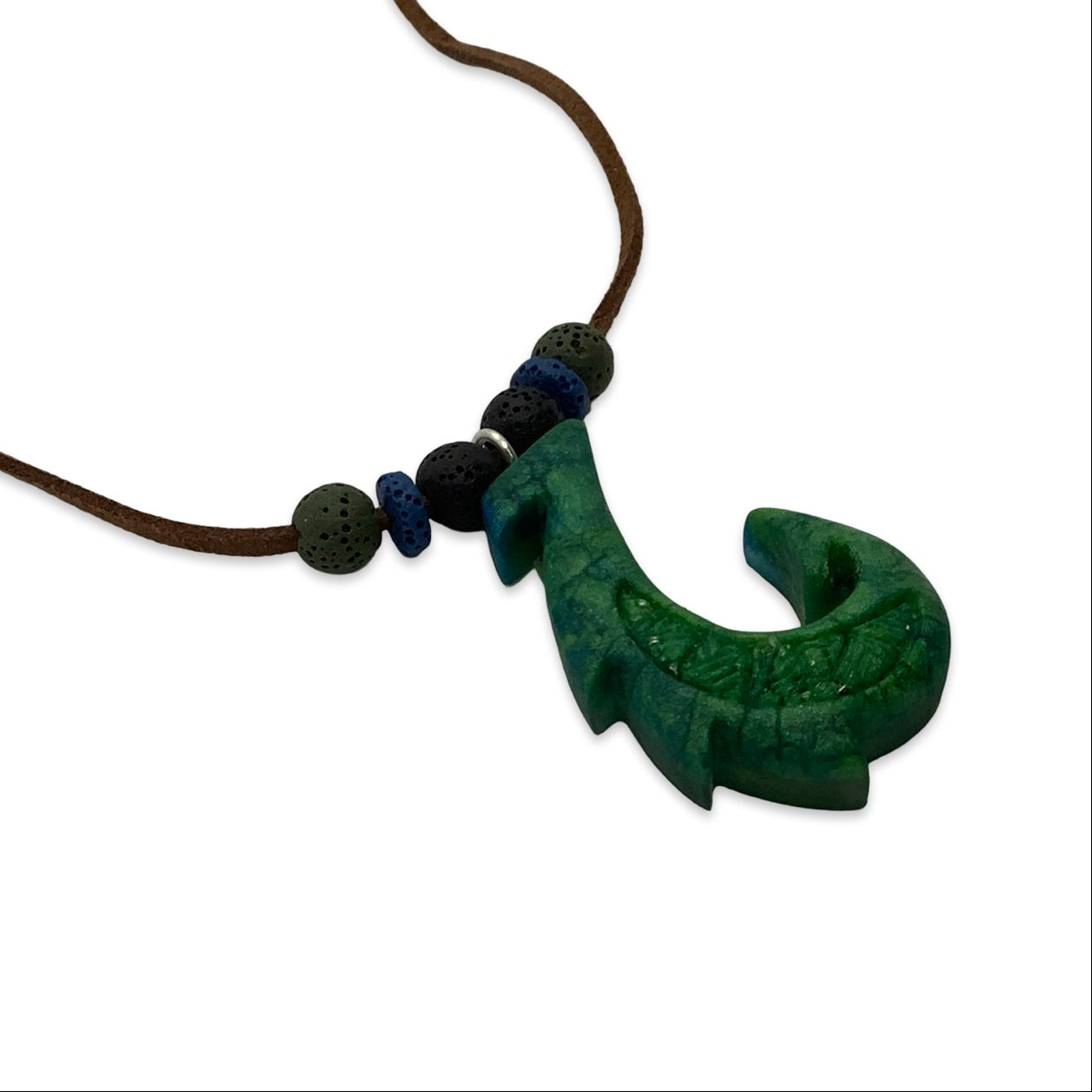 Necklace with a green hook pendant and black beads on a white background