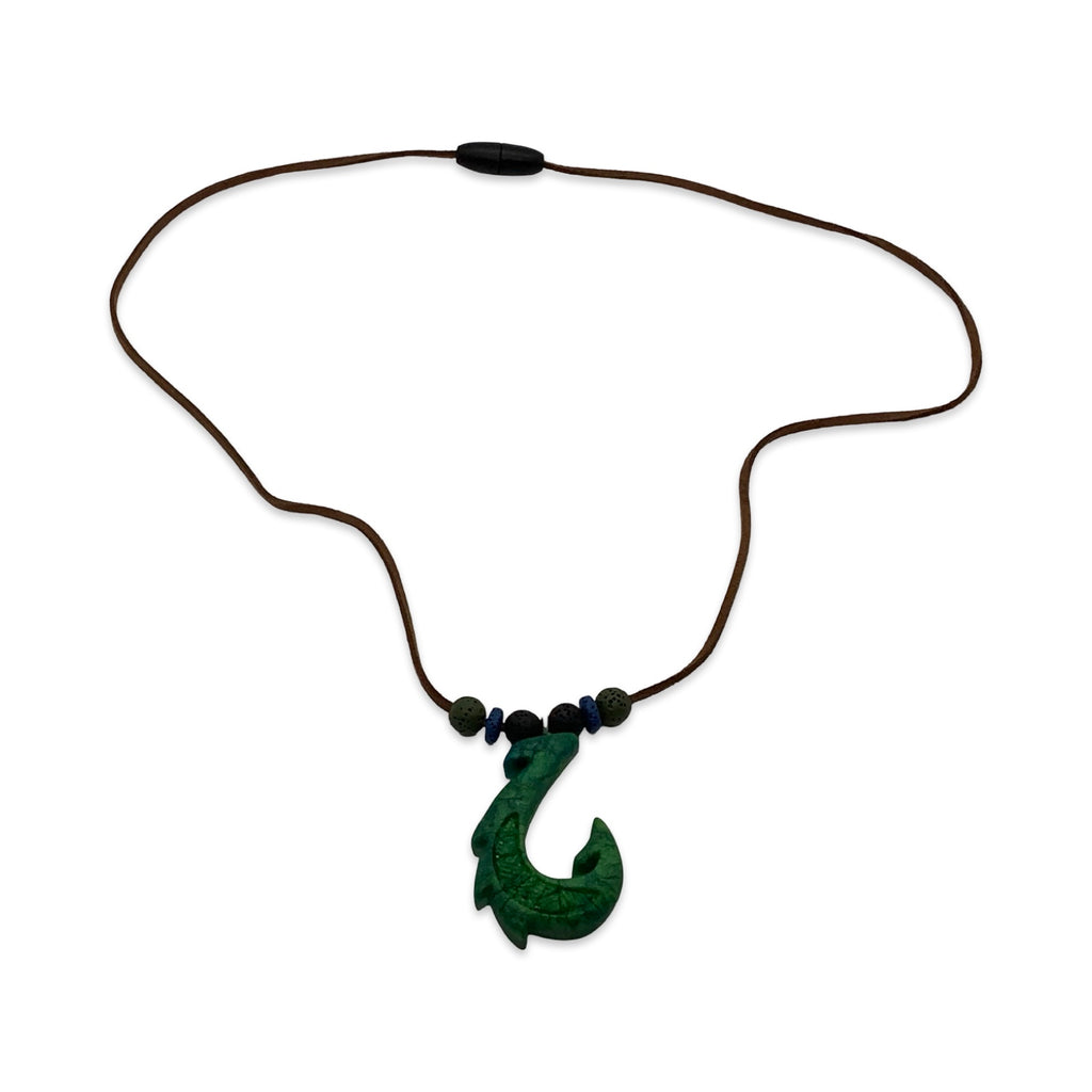 Necklace with a green fish hook pendant on a white background