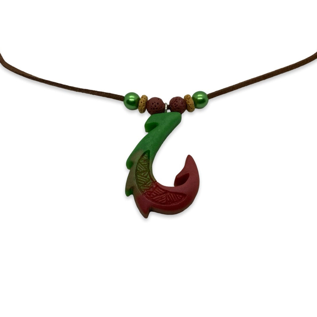 Necklace with a green and red fish hook pendant on a white background