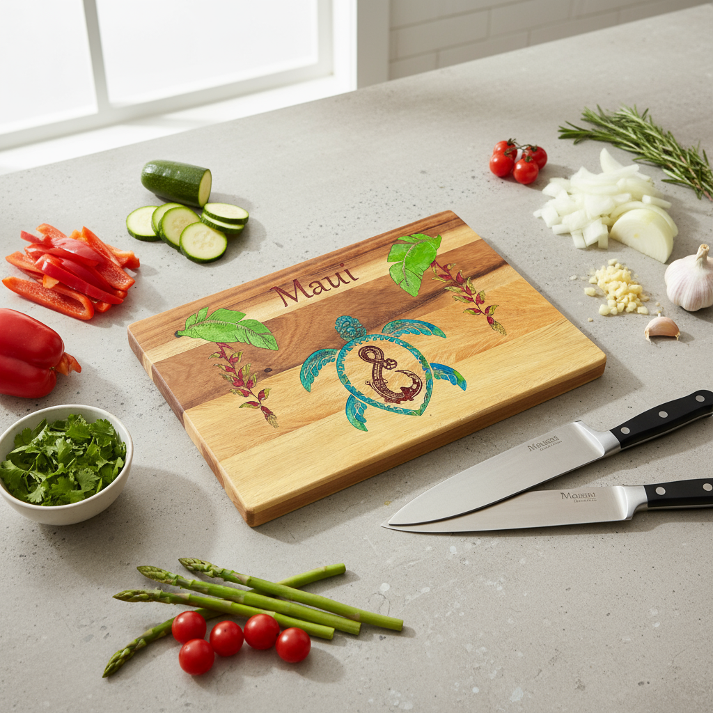 Wooden cutting board with turtle design and engraved text on a kitchen counter with vegetables and knives.