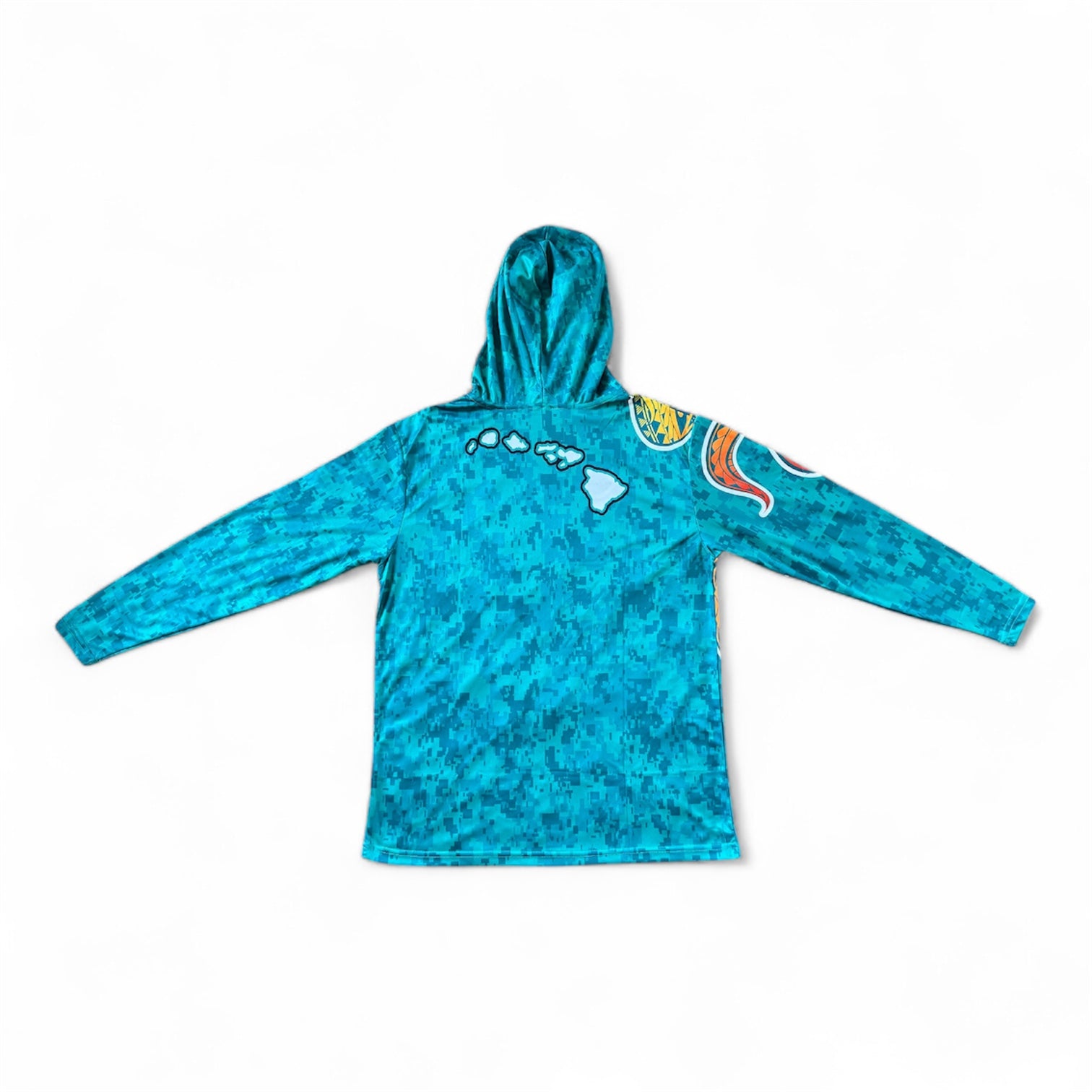 Blue hooded shirt with colorful designs on a white background