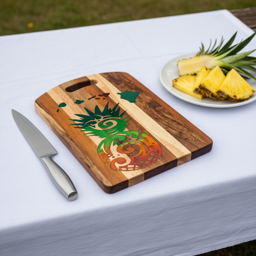 Wooden cutting board with a pineapple design on a gray surface