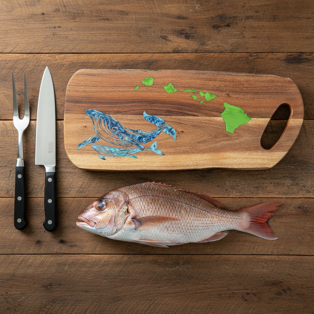 Mom and Baby Whale Hawaiian Islands Live Edge Cutting Board