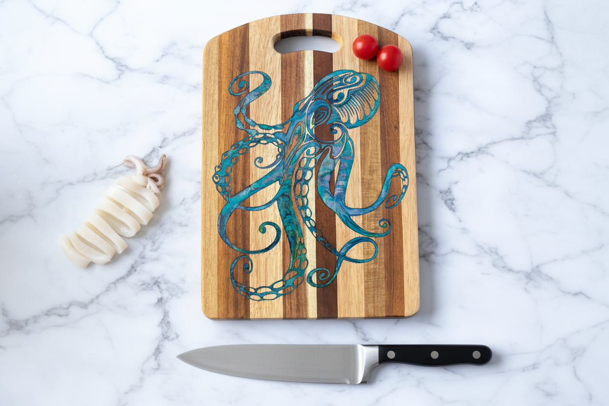 Wooden cutting board with a blue octopus design, knife, and tomatoes on a marble surface