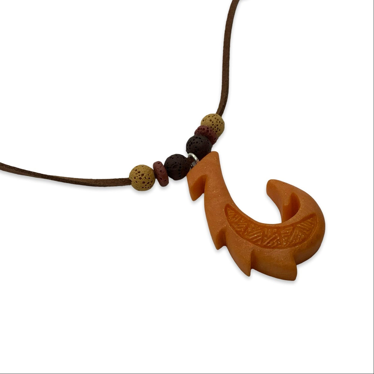 Orange necklace with a fish hook pendant on a white background