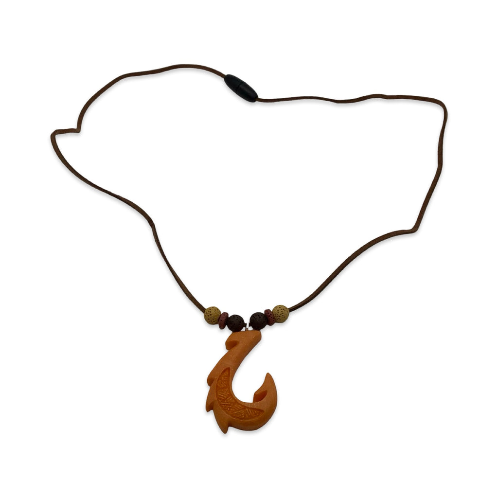 orange fish hook pendant on a cord against a white background