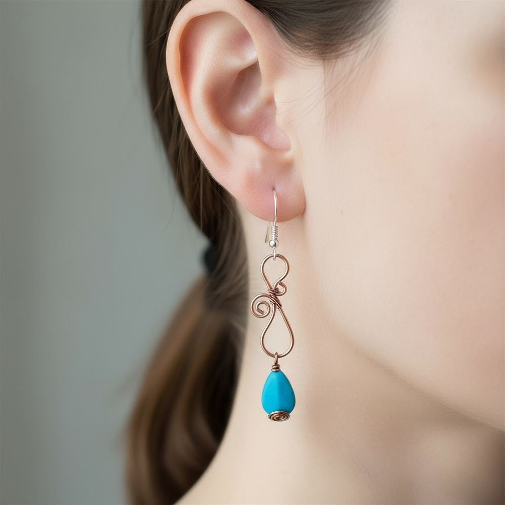 Turquoise & Copper Wire Earrings by Queen Bea Creations Maui