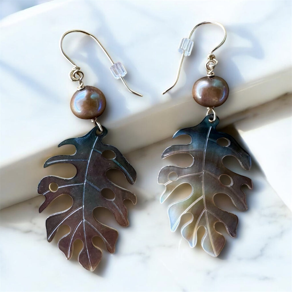 Black Lip Shell Monstera leaf Earrings by Queen Bea Creations Maui