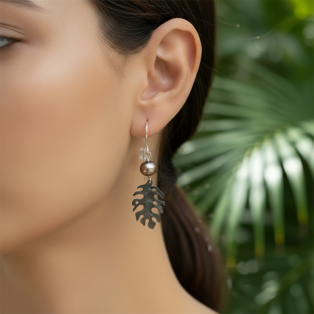 Black Lip Shell Monstera leaf Earrings by Queen Bea Creations Maui