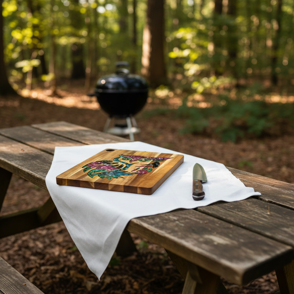 Wooden cutting board with a colorful owl design on a white background