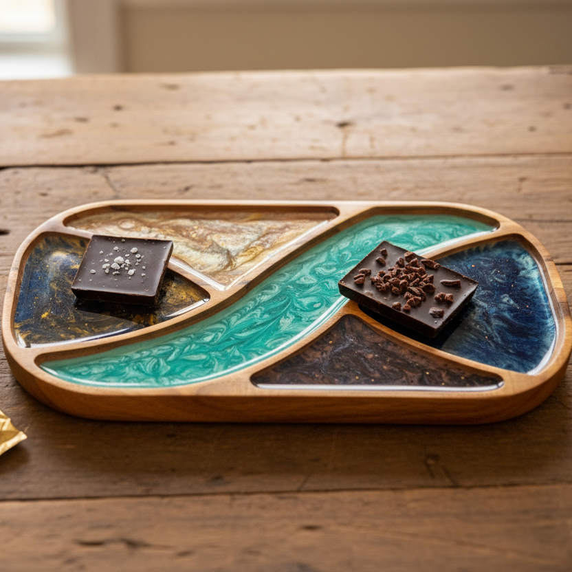 Decorative tray with a decorative item on a wooden surface