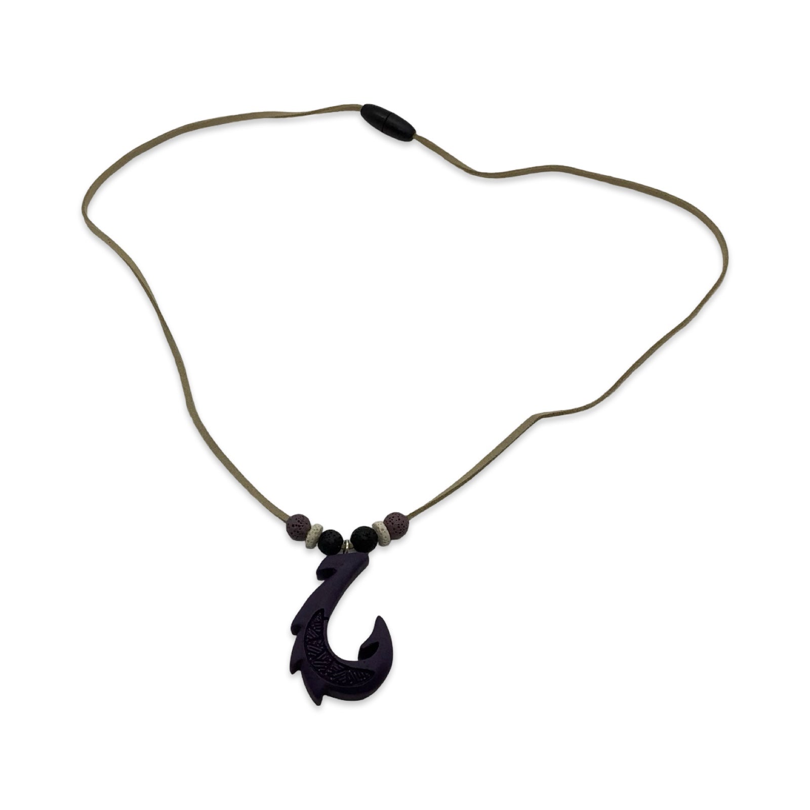 Black fish hook pendant on a cord against a white background
