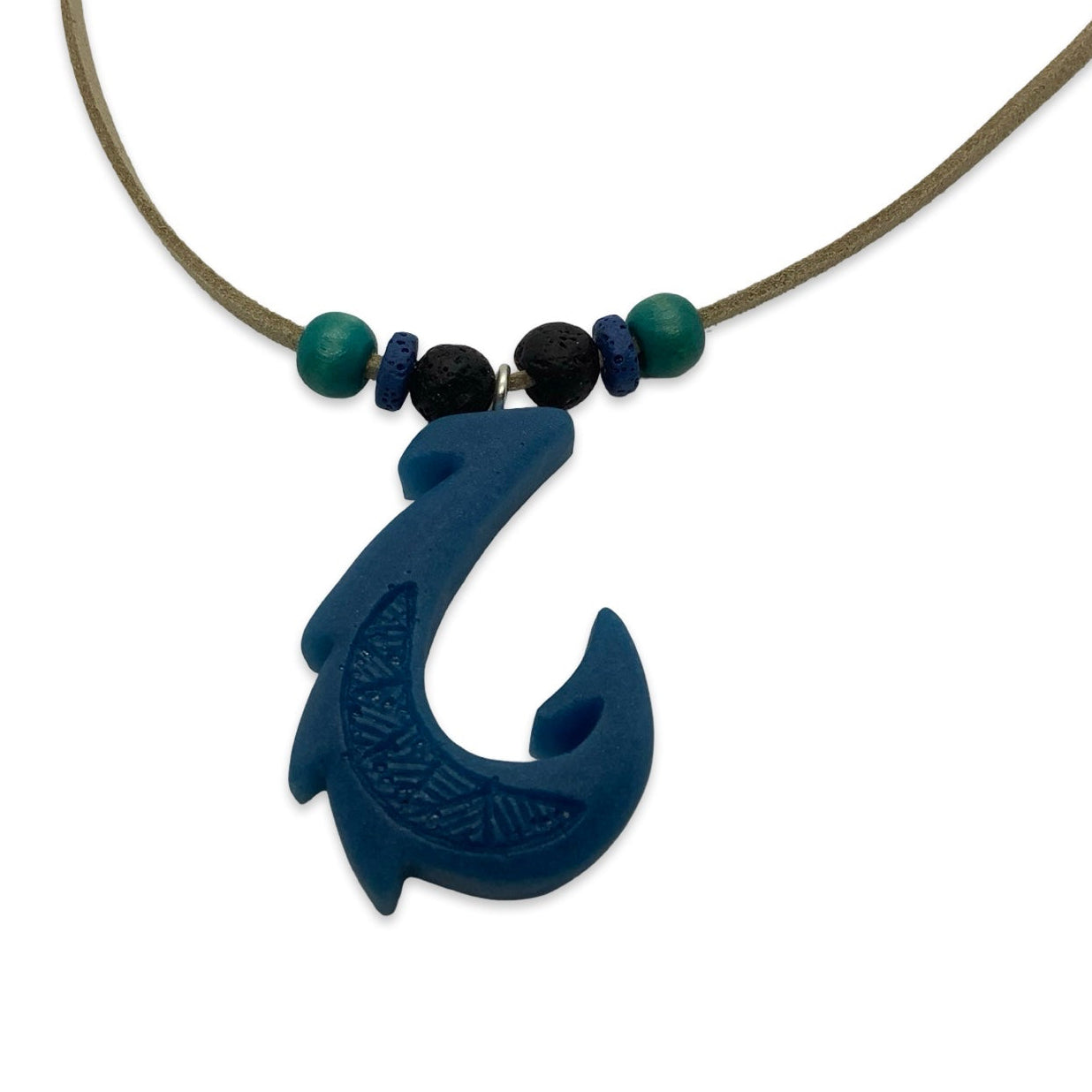 Necklace with a blue fish hook pendant and beaded section on a white background