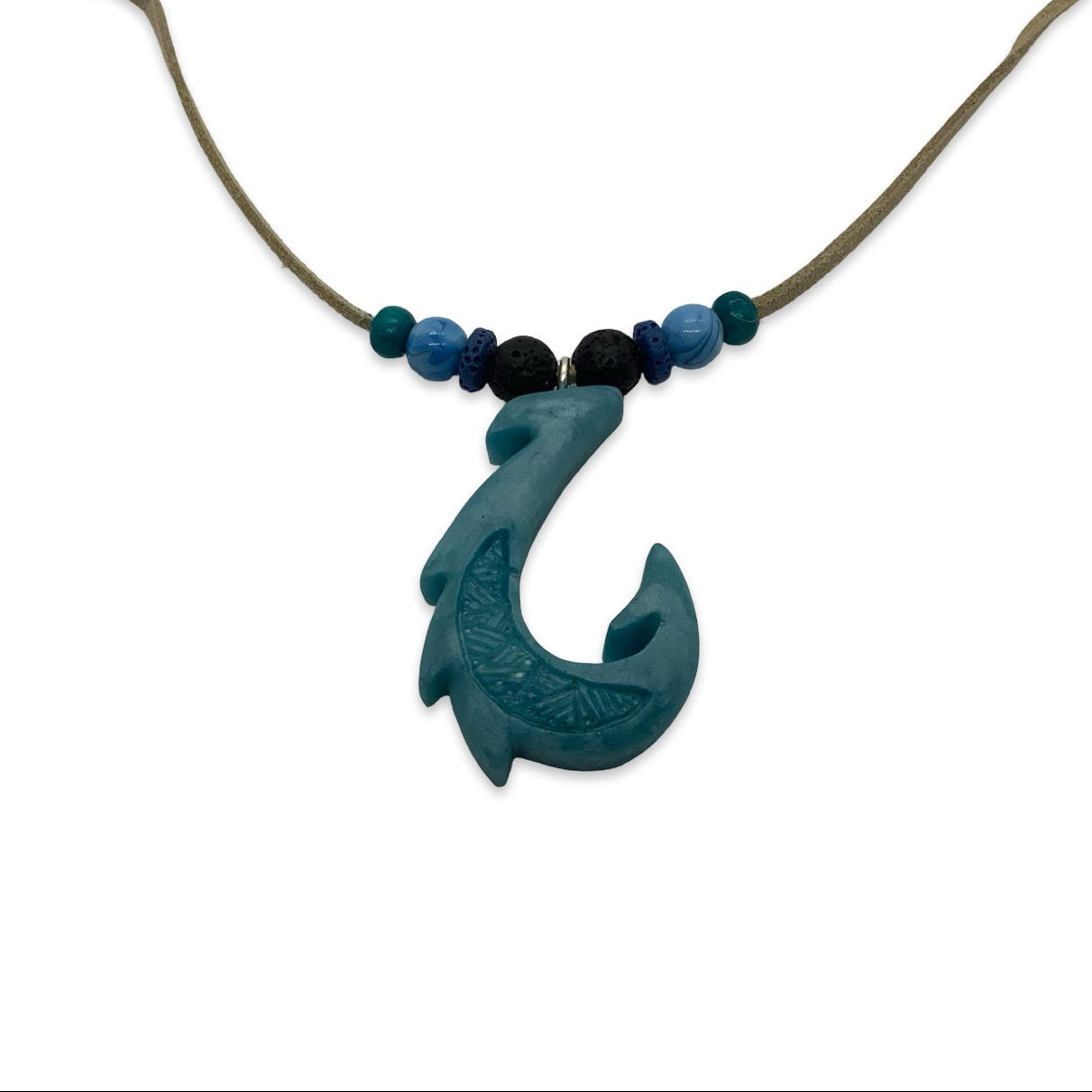 Necklace with a blue fish hook pendant and beads on a white background