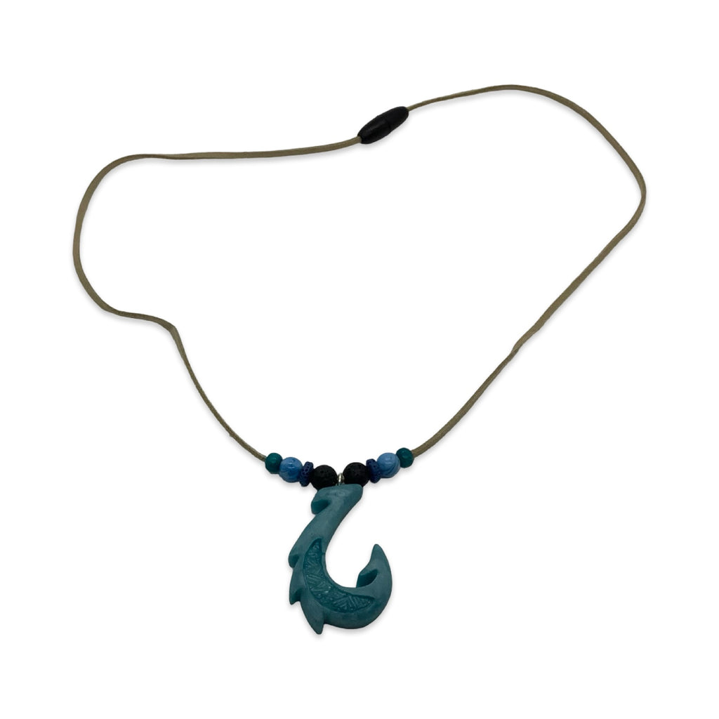 Necklace with a blue fish hook pendant on a white background