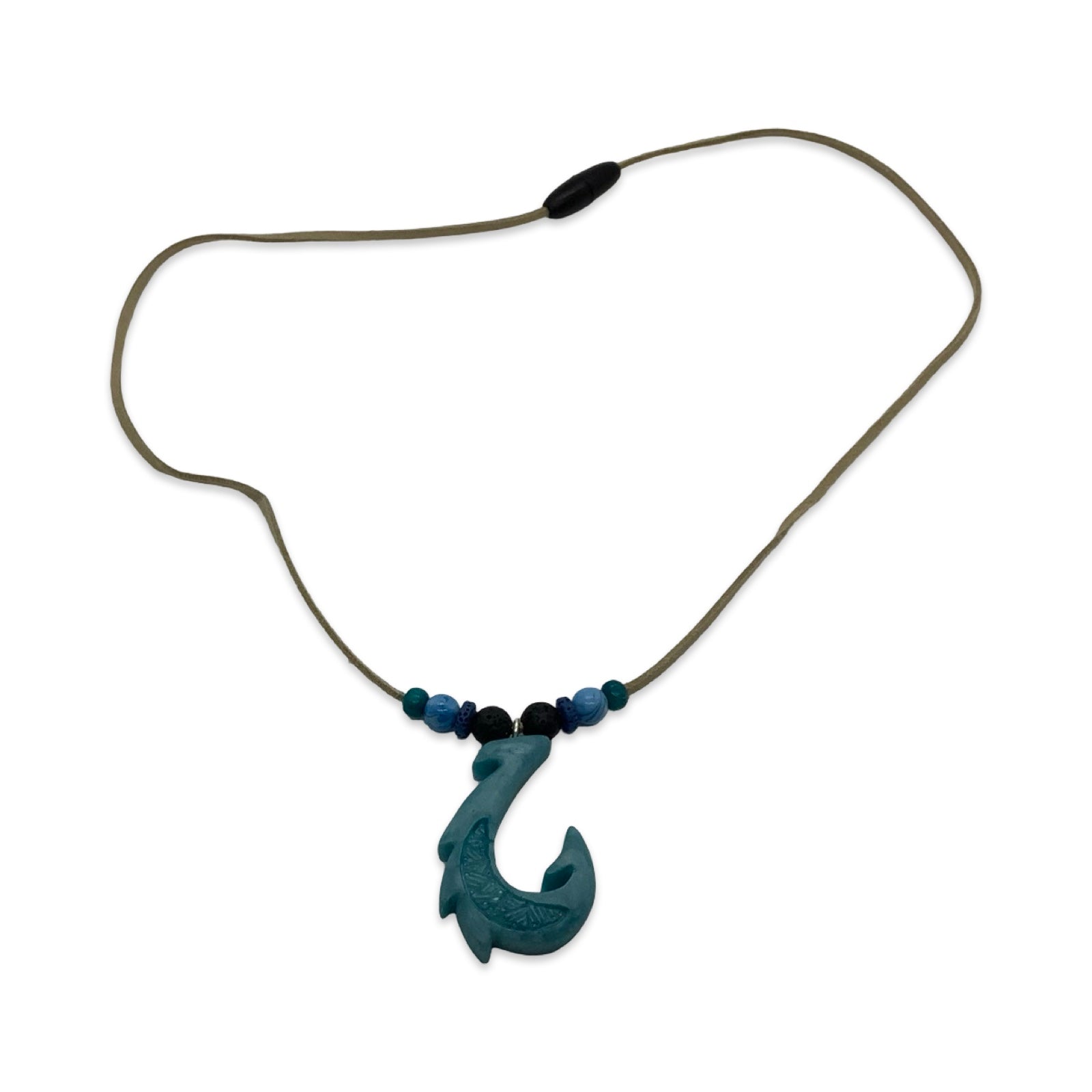 Necklace with a blue fish hook pendant on a white background