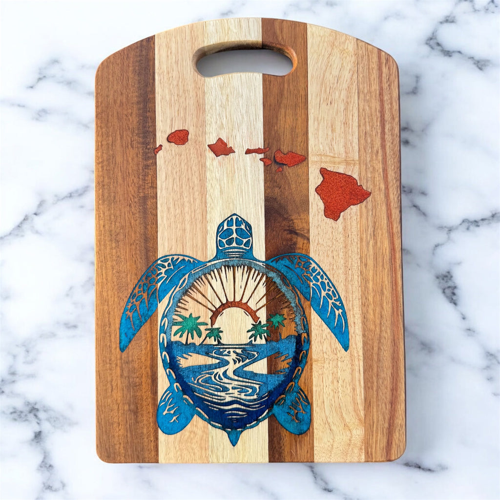 Sunset Palm Tree Honu (Turtle) Islands Cutting Board