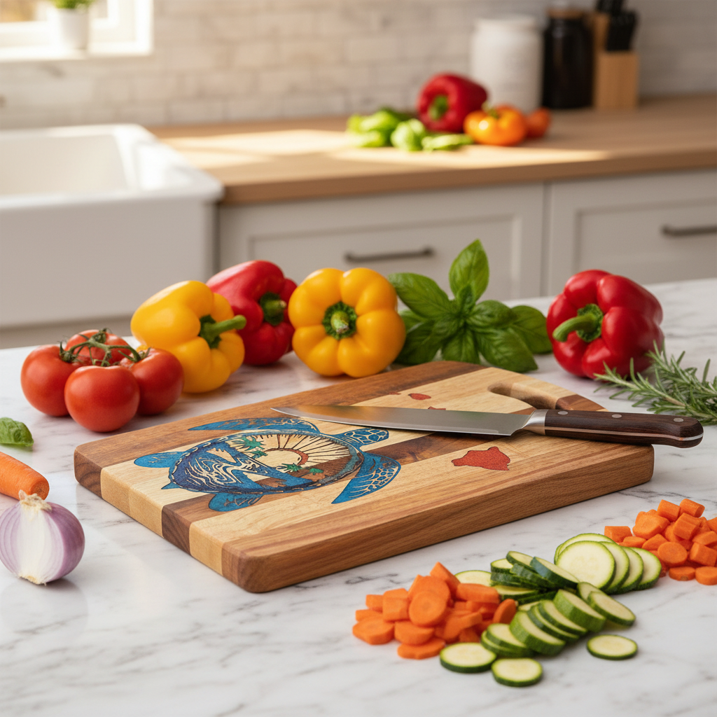 Sunset Palm Tree Honu (Turtle) Islands Cutting Board