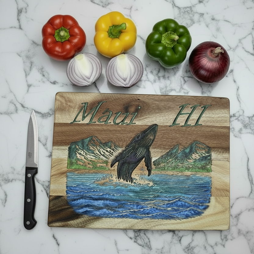 Wooden cutting board with whale design and 'Maui Hi' text on a marble surface with vegetables.