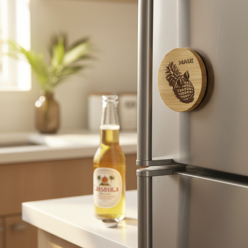 Beer bottle on a kitchen counter next to a refrigerator with a wooden magnet featuring a pineapple design.