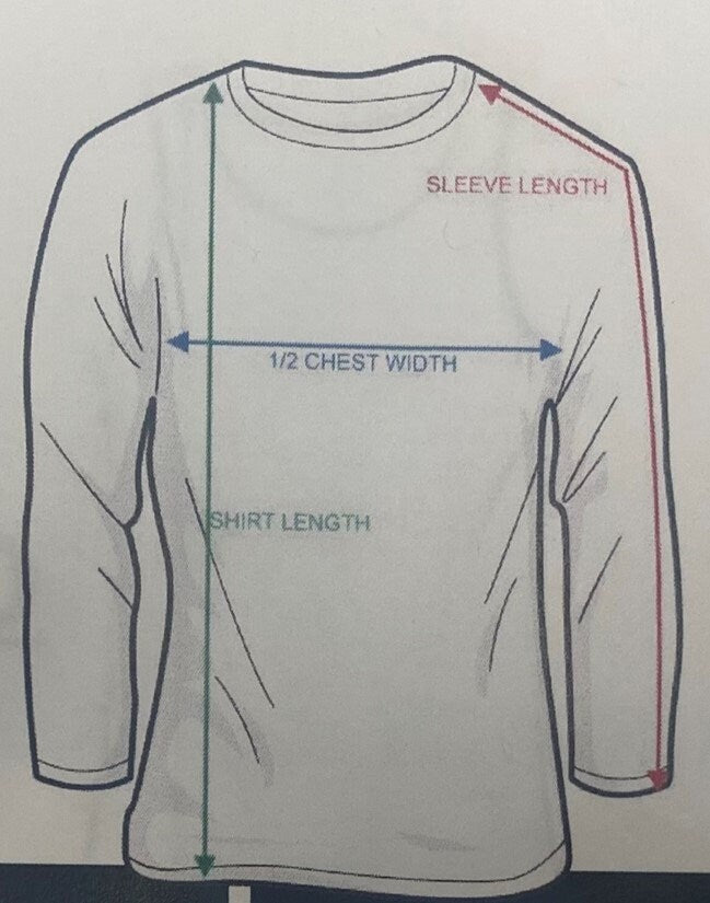 Diagram showing measurements for a long-sleeve shirt on a white background