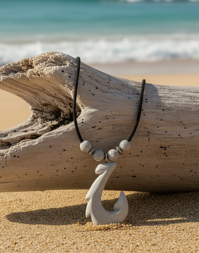Necklace with a fish hook pendant on a piece of driftwood by the beach