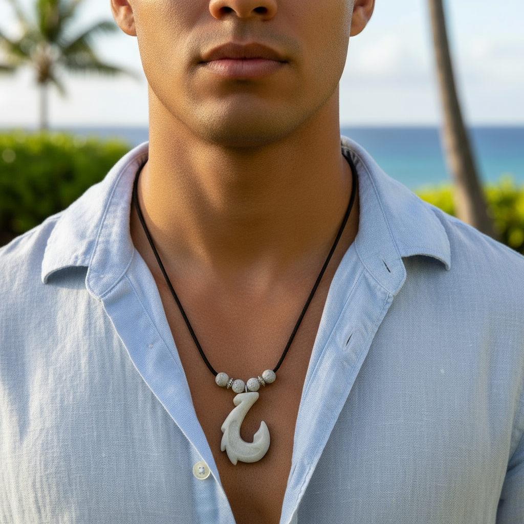 Man wearing a light blue shirt with a necklace featuring a fish hook pendant, outdoors.